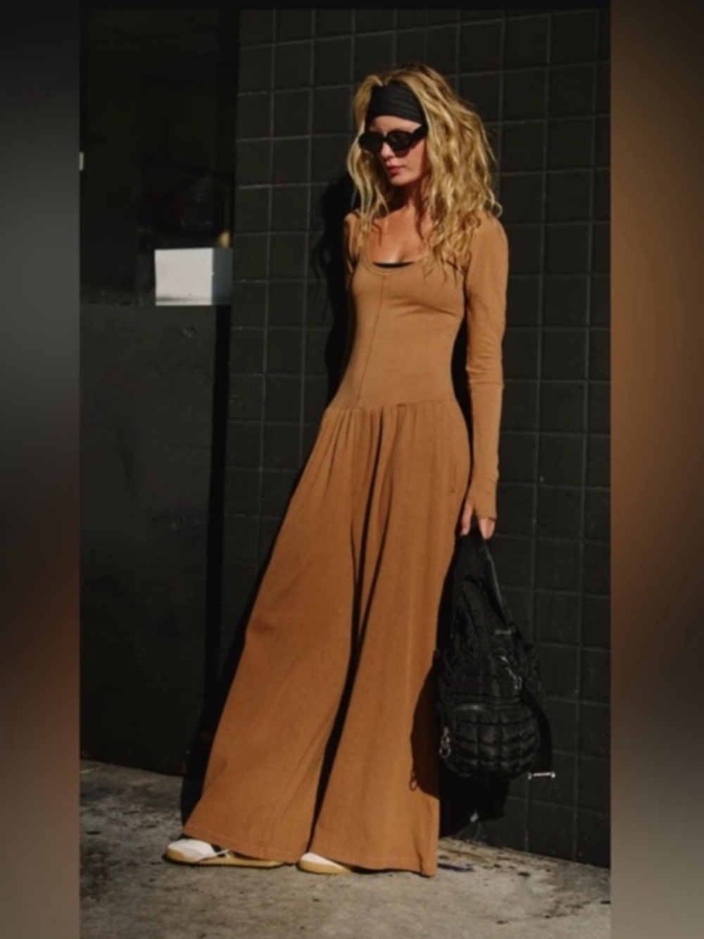 Long Sleeve Scoop Neck Maxi Dress in Camel